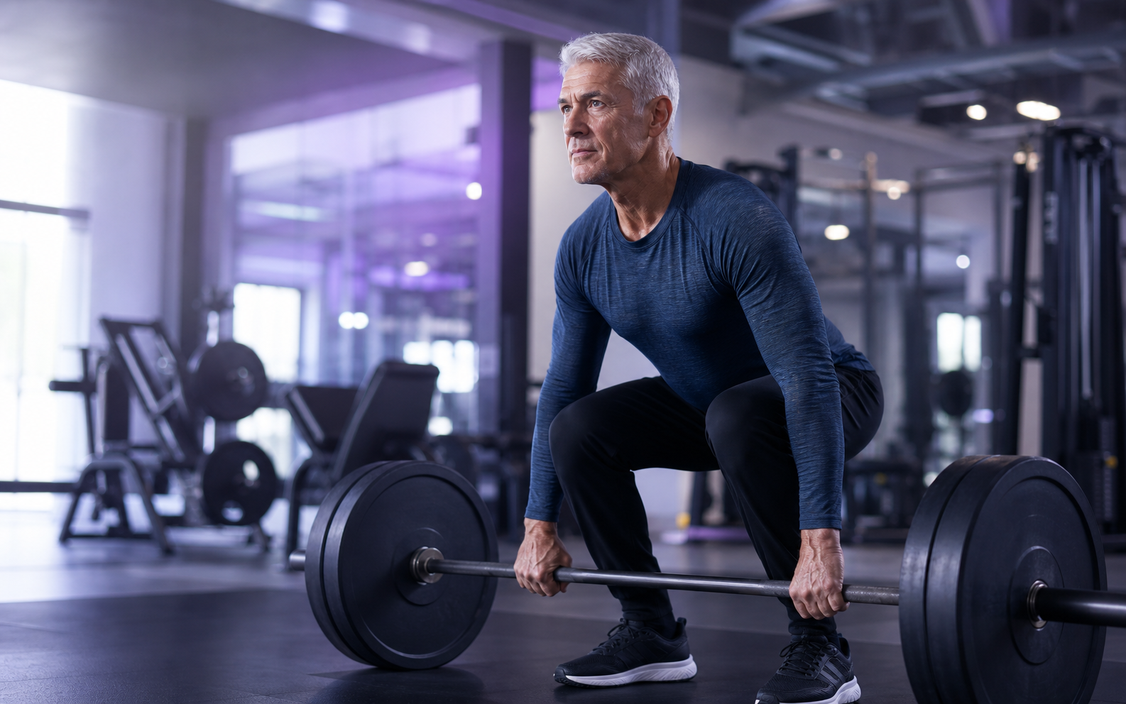 Fit older man lifting a barbell in a modern gym
