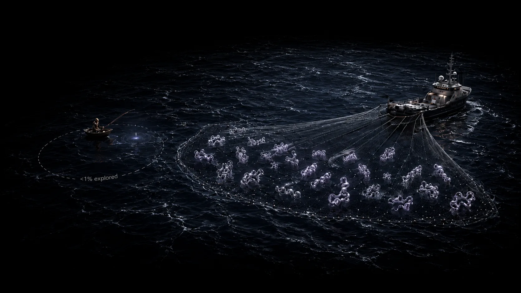 A lone angler probing one lit spot of the ocean versus a trawler sweeping a glowing net across the whole expanse of peptides
