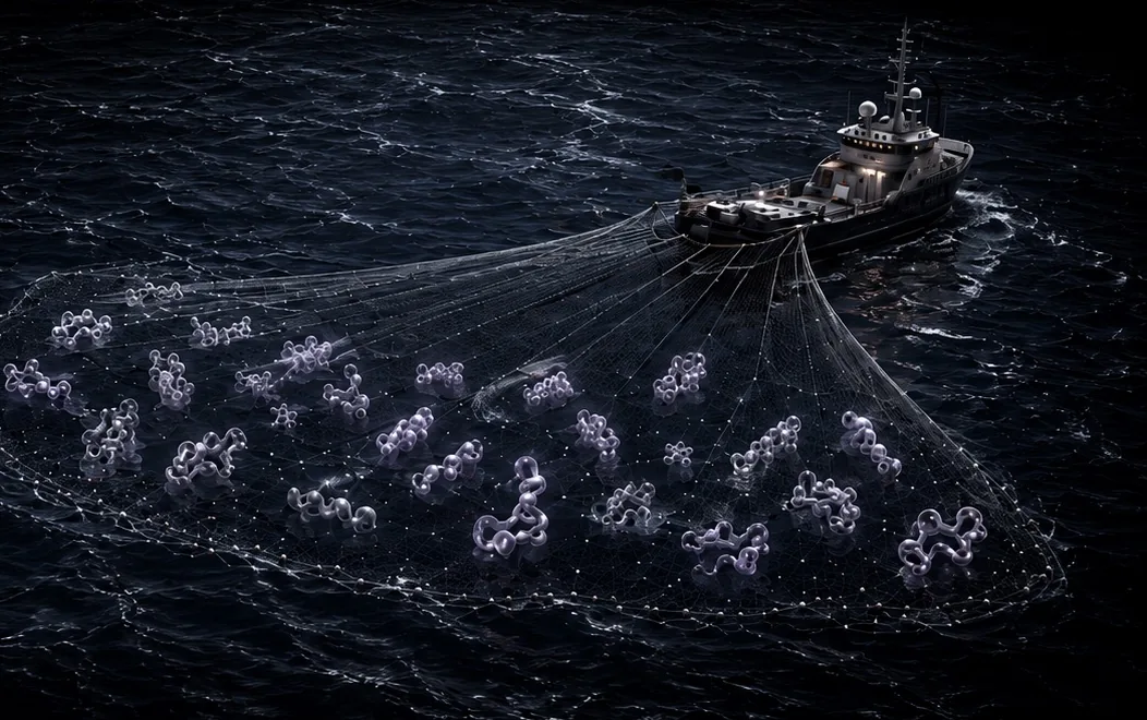 A trawler sweeping a glowing net across the whole expanse of peptides